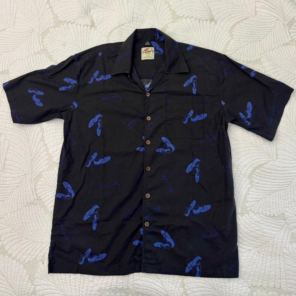 Elvis x David Carey Black Button-Up Shirt with Blue Suede Shoes Size XL